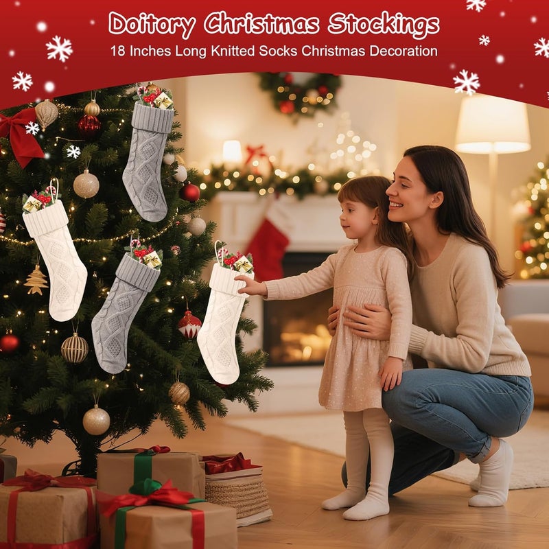 Doitory Store Christmas Stockings 18 Inches,Long Knitted Socks Christmas Decoration Hanging Stocking Fireplace Xmas Tree Stocking for Home Family（2white+2gray） - Image 2